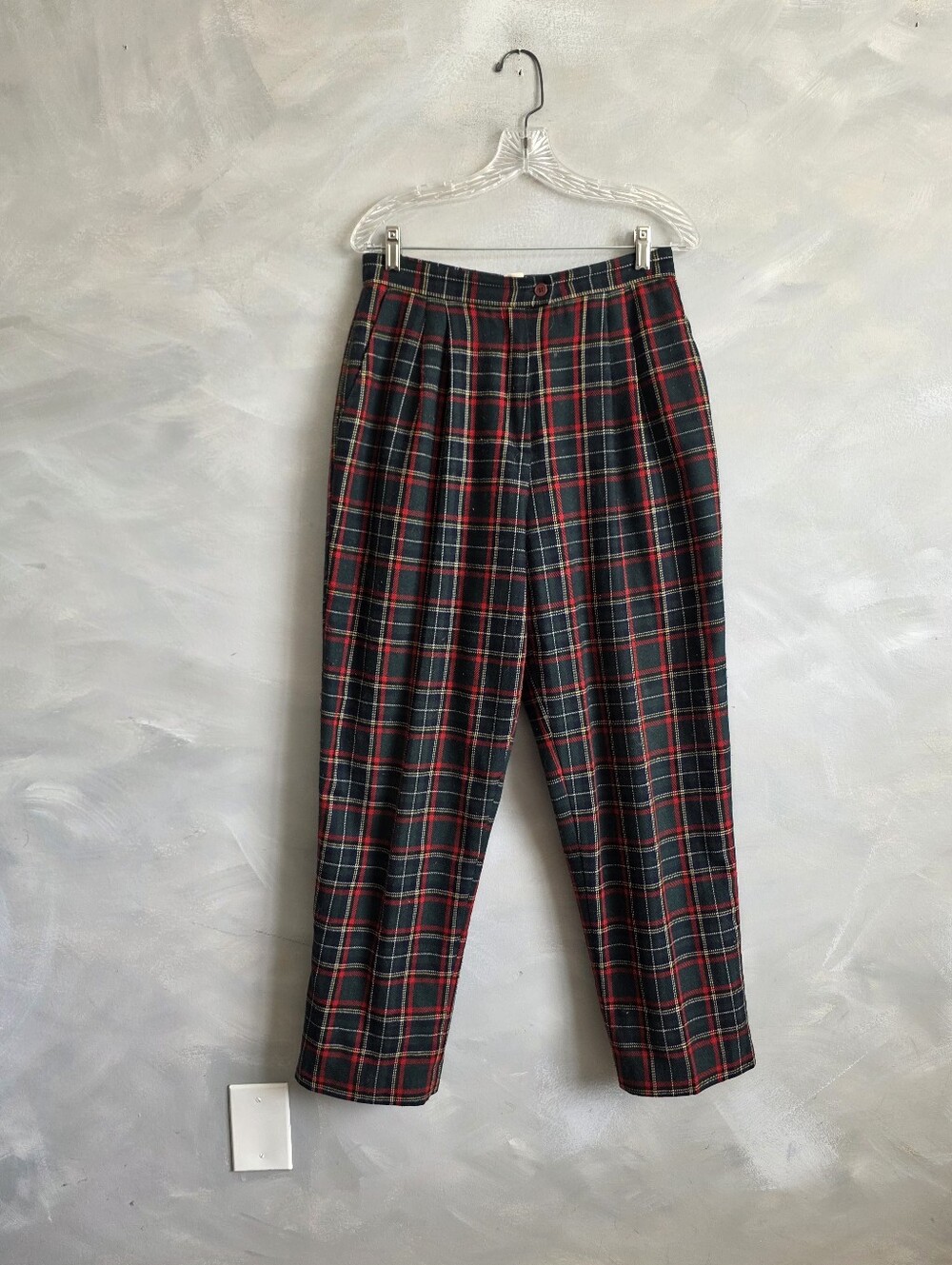 Vtg Koret Plaid Pleated Trousers Size 10 Red Green Tartan Wool Blend Pants